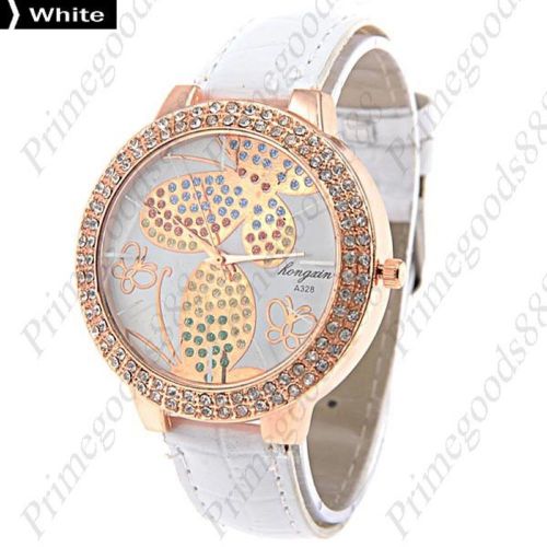 Butterfly Rhinestones PU Leather Quartz Wristwatch Lady Ladies Women&#039;s White