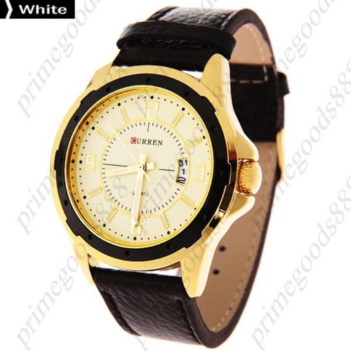 Genuine Leather Men&#039;s Wrist Quartz Wristwatch Free Shipping Gold Golden White