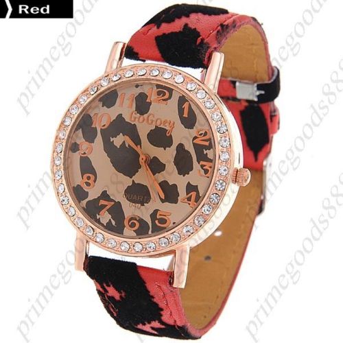 Leopard Round PU Leather Lady Ladies Wrist Quartz Wristwatch Women&#039;s Red