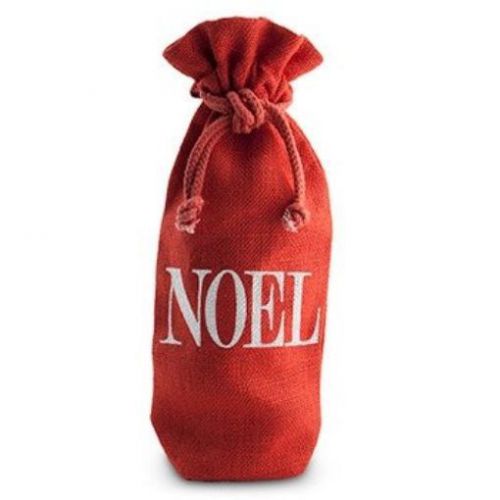 New noel drawstring jute bottle bag red mesh white lrg font writing design for sale