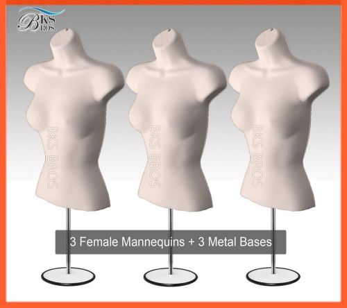 3 Flesh Female Mannequins Torso w/Metal Stand+Hanging Hook Dress Form Women NEW