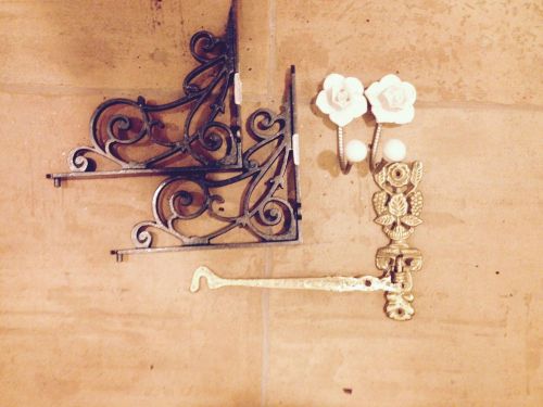 2 Cast Iron Anthropologie Shelf Brackets. 2 Ceramic Coat Hooks, 1 Metal Hook