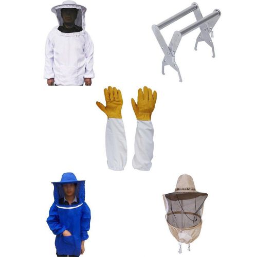 2xSmock Suit+ Bee Hive Frame Holder Grabber+ Protective Hat+Gloves for Beekeeper