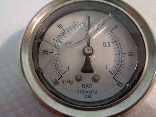3&#034; oil filled vacuum pressure gauge - ss/br 1/4&#034; npt lower mount, -30hg/15psi for sale