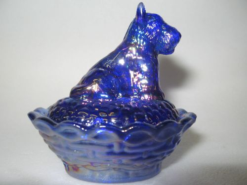 cobalt blue carnival glass scottie dog salt cellar on nest basket dip iridescent