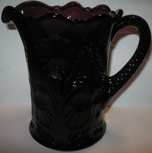 Amethyst purple Glass water serving Pitcher inverted thistle Pattern art blossom