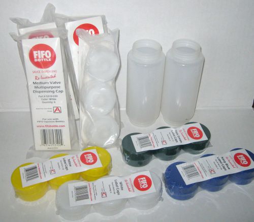 24 fifo 12 oz bottles &amp; dispensing caps &amp; 6 white, yellow, navy blue, green cap for sale