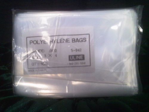 ULINE #S-942 Clear Flat 3&#034; x 4&#034; Polyethylene Poly Plastic Bags 100 pc