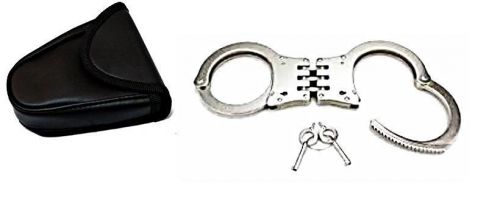 Double locking hinged handcuffs with belt pouch heavy duty chrome two keys for sale