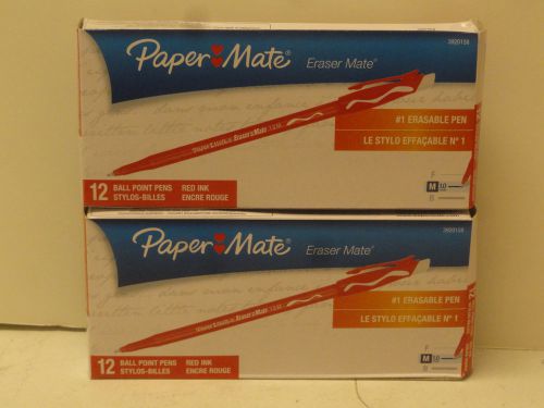 2 12ct boxes of Paper Mate - Eraser Mate Ballpoint Stick Erasable Pens, Red, Med