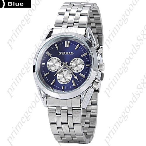Round quartz analog silver stainless steel band wrist men&#039;s wristwatch blue face for sale