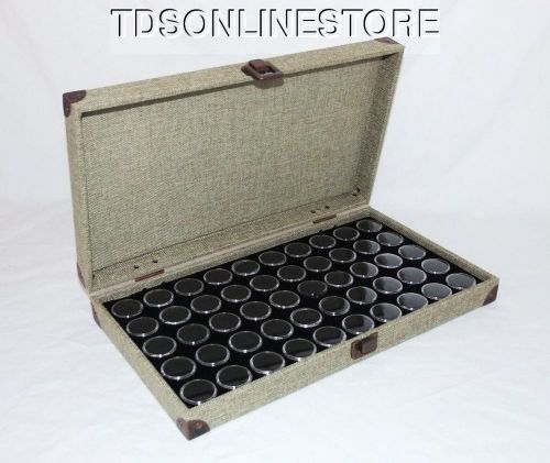 Burlap covered gem stone / bead traveling storage case w 50 black jars for sale
