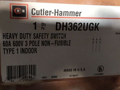 Dh362ugk cutler hammer 600v 60a 3 pole non-fused disconnect *nib cat # for sale
