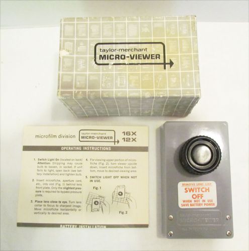 TAYLOR-MERCHANT MICRO-VIEWER VINTAGE MICROFICHE VIEWER W/ BOX 16x 12x WORKS