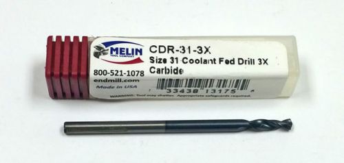 CDR-31-3X MELIN 13175 #31 CARBIDE DRILL, INTERNAL COOLANT, nACo COATED