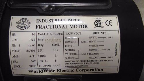Worldwide Electric T12-18-56CB 1/2HP Motor  1725RPM  115/230V, 1-Phase 60hz.