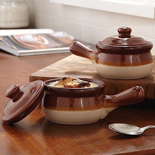 Traditional lidded french onion soup brown ceramic crock set/2 with handles for sale
