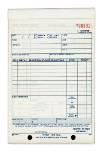 Adams repair order book, 5.56 x 8.44 inches, 3-part, white, 50 sets per book for sale