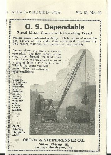 1922 Orton &amp; Steinbrenner Co. Chicago, Ill. O.S. Crawler Crane/Clamshell ad