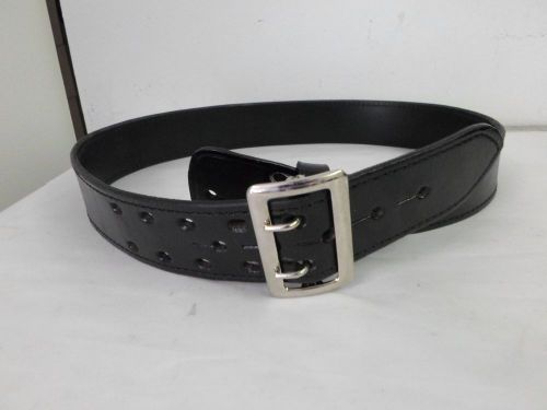 AKER Black Leather Duty Belt, Size 38, 2&#034; Wide with Silver color Buckle