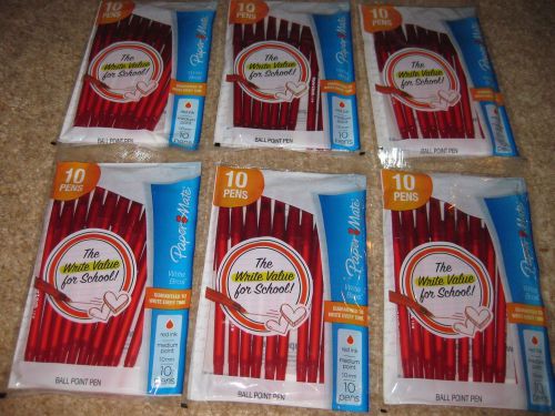 LOT 6 NEW PACKAGES Paper Mate Red Ink Ball Point Pens  TOTAL 60 Pens!