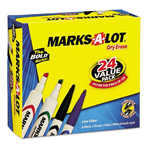Desk Style/Pen Style Dry Erase Markers, Chisel Tip, Assorted, 24/Pack