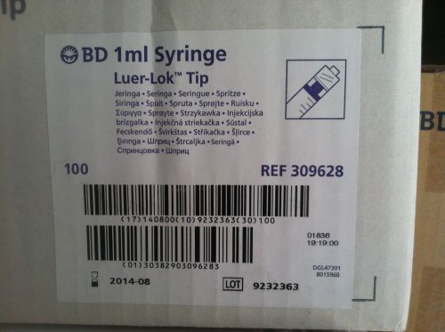 New BD 1mL Luer-Lok Tip Sterilized Disposable Syringes, 309628, 100/box