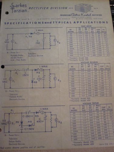 Vintage Sarkes Tarzian Selenium Rectifier Division Electrical Supplier Insert