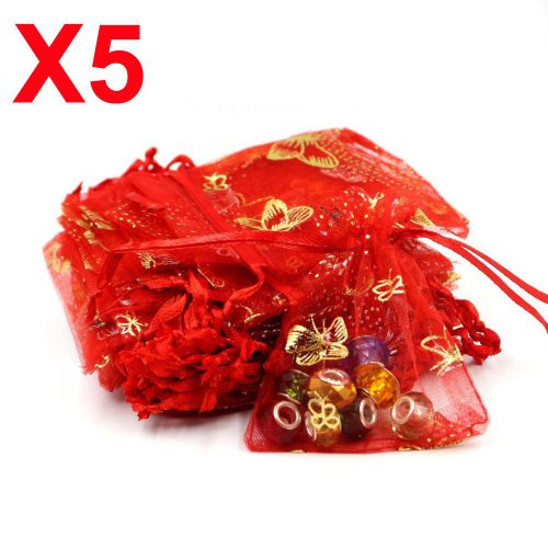 X5 MEDIUM red butterfly organza gift candy bags jewellery favour pouches wrap