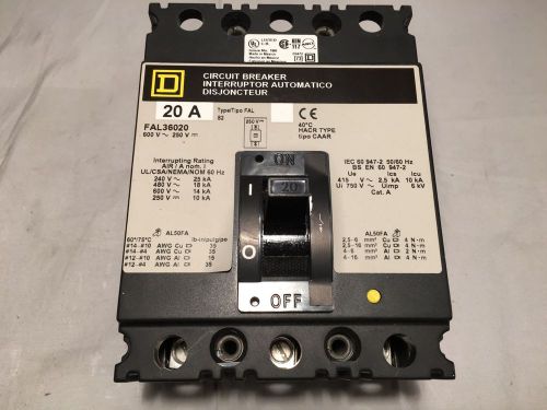 Square D FAL36020 Circuit Breaker 20 AMP 600/480/240 VAC  3 Pole Type FAL