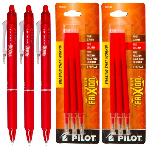 Pilot FriXion Clicker Erasable Red Gel Ink Pens, 3 Pens With 2 Packs of Refills