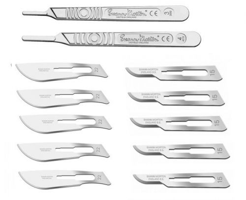 2 Swann Morton Graduated Surgical Scalpel Handle #3 #4+10 Sterile Blades #15 #22