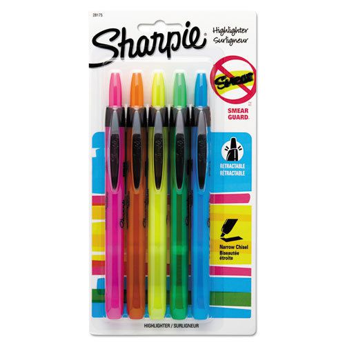 Retractable highlighters, chisel tip, assorted fluorescent colors, 5/set for sale