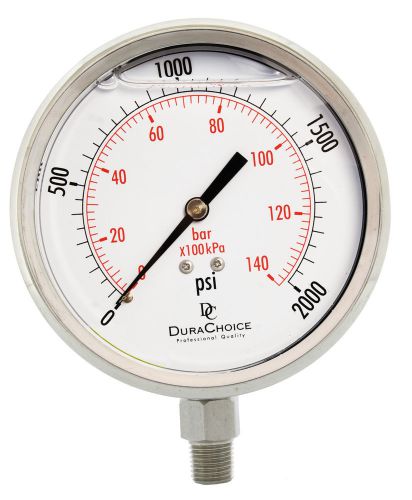 4&#034; all stainless steel oil filled pressure gauge - 1/4&#034; npt lower mount 2000psi for sale