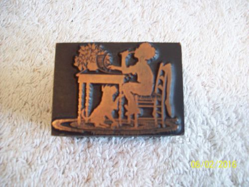 Unique~Wood &amp; Copper Stamp~Boy at Desk with Dog