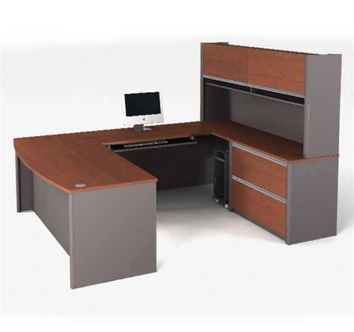 Modern bordeaux &amp; slate u-shaped office desk with hutch &amp; oversized file drawers for sale