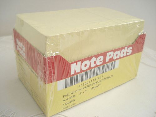 Self-stick removable note pads - 3&#034;x3&#034; - twelve canary - 100 sheet pads - in box for sale