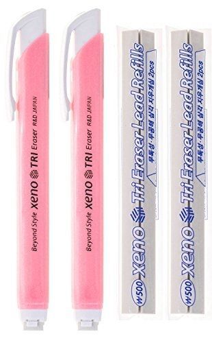 Xeno Tri-II Retractable Click Eraser Bundle with 4-Pack Refill, Pink (2-Pack)