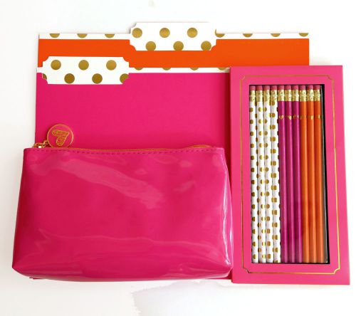 Bright PINK + ORANGE Desk Accessories Pencils Pouch Folders School