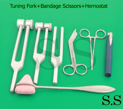7 pcs Tuning Fork C128, C256, C512,+Bandage Scissors+Hemostat + Taylor+Penlight