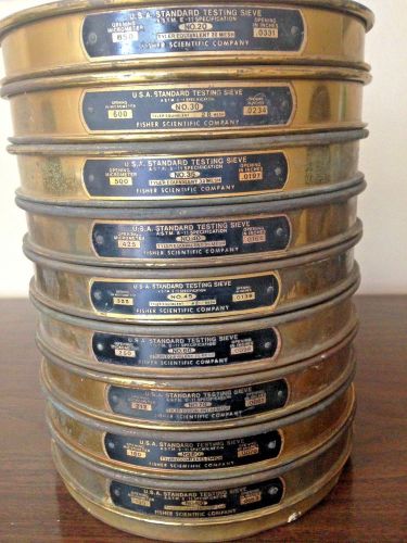 9 vintage testing sieves no. 20, 30, 35, 40, 45, 60, 70, 80, 100 and 2&#034; base pan for sale