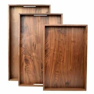 3 Set Wooden Tray Ottoman Tray With Handles FSC Natural Handmade Black Walnut