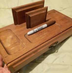 Vintage brown wood desk top organizer caddy letter holder with drawer