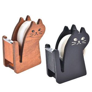 1x Funny Cat Shape Wooden Tape Dispenser Tape Cutter Office School Supplies CW