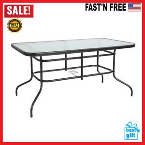 Outdoor Dining Table Metal Tempered Glass Top 31.5 x 55 Rectangular Black Frame