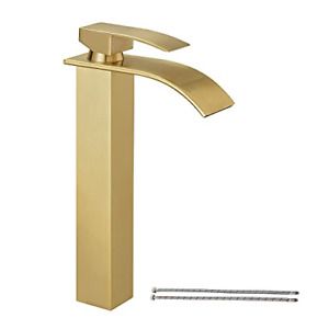 Hoimpro Waterfall Spout Brushed Gold Bathroom Faucet, Tall Single Handle Vanity