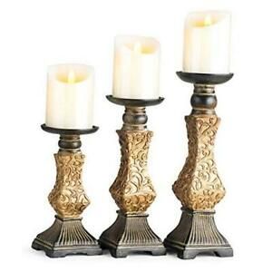 Retro Gold Pillar Candle Holders Set of 3 - 7.9&#034; H, 9.5&#034; H, 11.5&#034; H, Golden