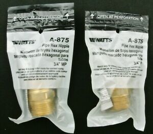 Watts Brass Pipe Hex Nipple 3/4&#034; MIP A-875 2 Pieces All Orders Are Shipped Daily
