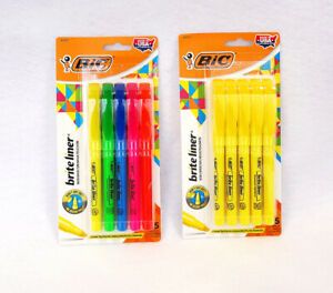BIC brite liner HIGHLIGHTERS Broad/Fine Line 5 Pcs x 2 Fluorescent Inks - New
