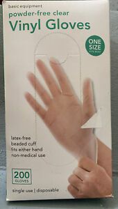 NIP BASIC EQUIPMENT 200 COUNT VINYL GLOVES SEALED ONE SIZE CLEAR PRIORITY MAIL